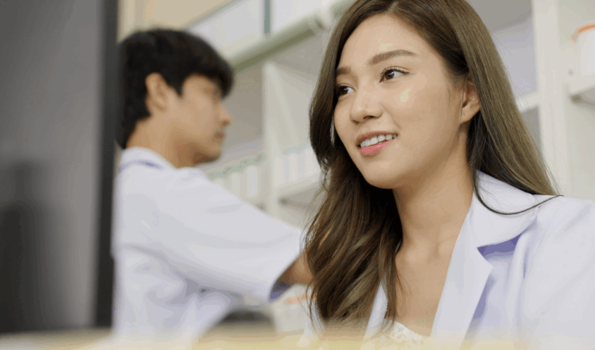female pharmacist computer